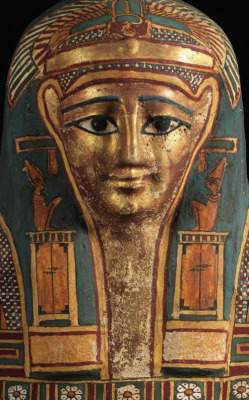 barakatgallery:  Egyptian Cartonnage Mask of a Man Wearing an Elaborate Painted Headdress Origin: EgyptCirca: 664 BC to 525 BC  Dimensions: 17.25&quot; (43.8cm) high  x 11&quot; (27.9cm) wide  Collection: EgyptianMedium: Cartonnage This well-preserved