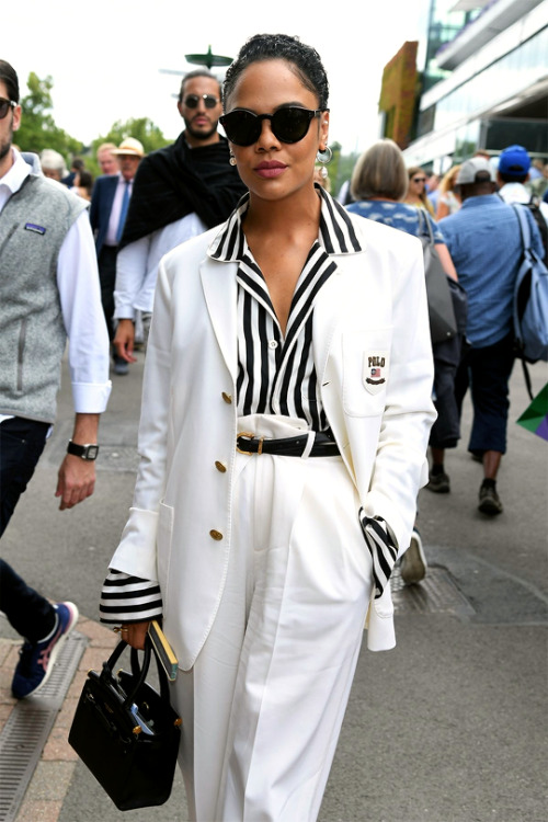 dailytessa:  Tessa Thompson attends day seven of the Wimbledon Tennis Championships at All England Lawn Tennis and Croquet Club on July 8, 2019 in London, England.