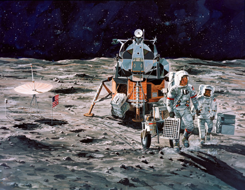 humanoidhistory:  1971 concept art from Grumman Aerospace shows Apollo 14 astronauts heading out from the lunar module to explore the surface of the Moon. (NASA) 