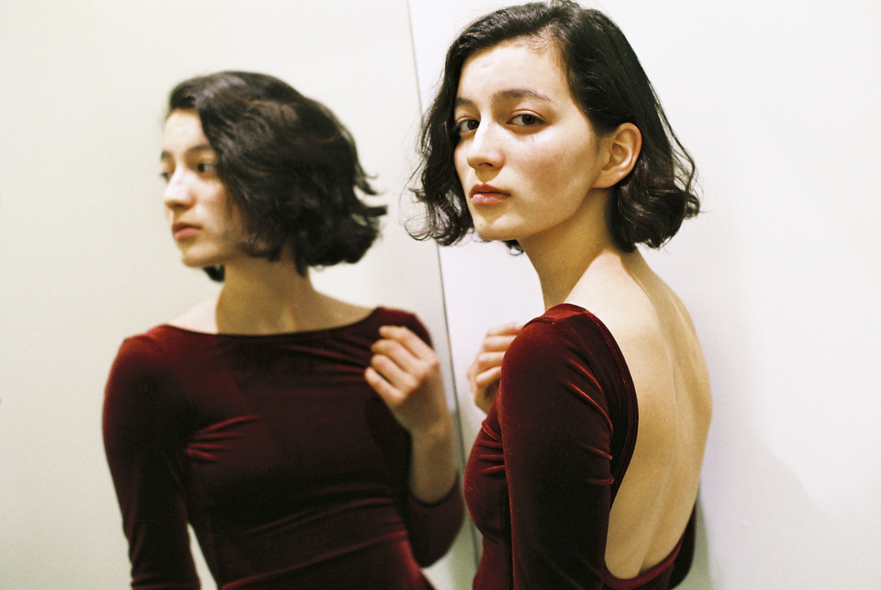 americanapparel:  Haya in the NEW Long Sleeve Velvet Skater Dress. 