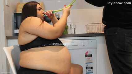 force-feed-her:Stuffed belly + weight gain shake = beyond full