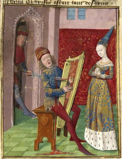 adokal:Tristan is killed while playing the harp for Iseult, miniature comes from ‘Messire Lancelot d