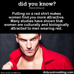 gokuma:  moody-moodic:  theletterwsarseflap:  did-you-kno:  ►►►►Click here to find out why! Putting on a red shirt makes women find you more attractive. Many studies have shown that women are culturally and biologically attracted to men wearing