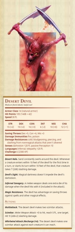 Desert DevilMedium fiend (devil), lawful evilArmor Class 14 (natural armor)Hit Points 105 (14d8 + 42