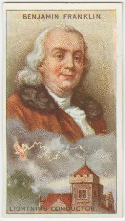 gunsandposes-history:The ever-electric Benjamin Franklin highlighted in a vintage cigarette card. pr