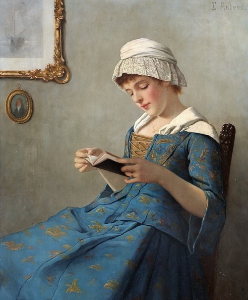 Young Woman Reading. Ernst Anders (German, 1845-1911). Oil on panel.Anders began his artistic educat