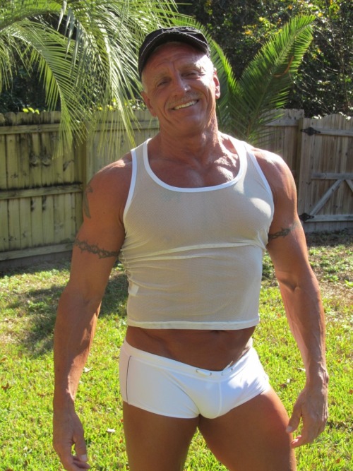 maturemanexhibitionist: Me in some very snug fitting white short shorts. I tried to keep them on as 