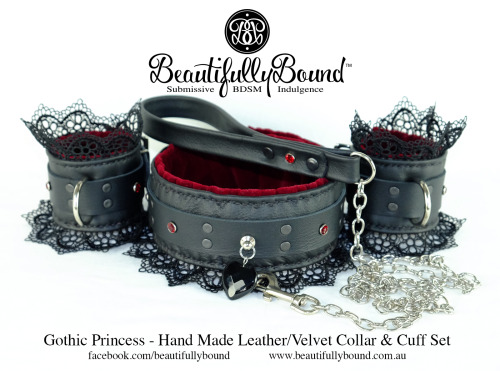 bdsmbeautifullybound:  My new all time favourite set. Black leather and blood red velvet, black rivets and the prettiest lace ever. These are coming your way masterslittlepusspuss http://bdsmbeautifullybound.tumblr.com