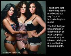 I don’t care that I’m the one in the middle and you say I’m your favourite lingerie model  The fact that you have images of other women on your computer means that your internet privileges are revoked for the next month.    | Caption Credit: Uxorious