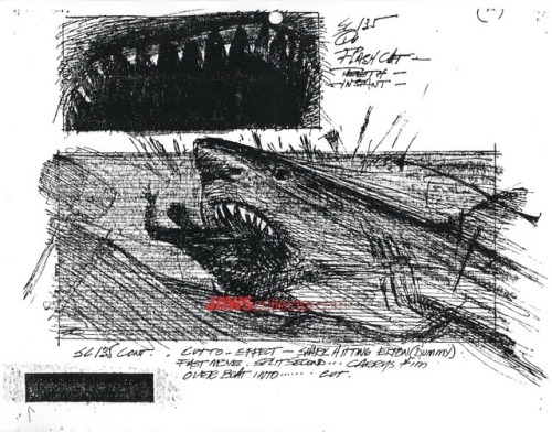 talesfromweirdland:“Giant Jaws snapping at everything”. Storyboard images from the Steven Spielberg 