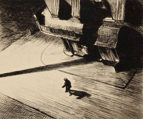 darksilenceinsuburbia:Edward Hopper: Night Shadows, 1921. Etching, from an edition of approximately 