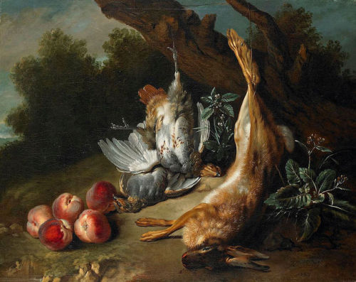 classic-art: Still Life with Dead Game and Peaches in a LandscapeJean-Baptiste Oudry, 1727