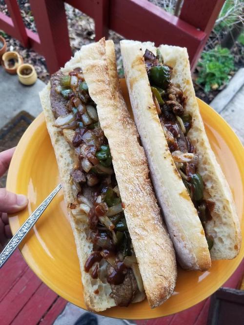 lovesandwichrecipes: Steak, onions and pepper on an artisan baguette