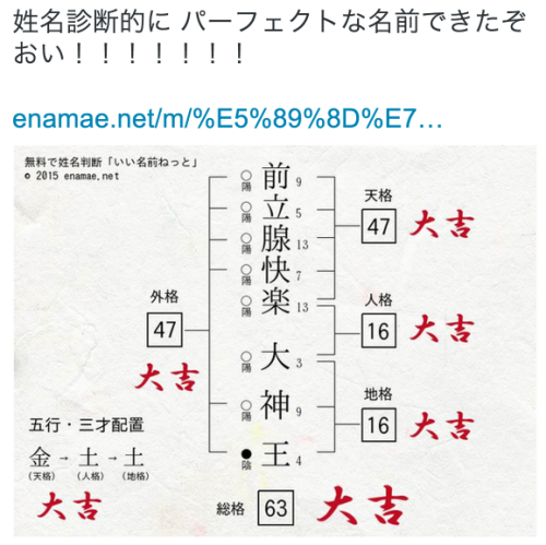 k-ui:  ふじさき怜＠日曜ケ31aさんはTwitterを使っています: “姓名診断的に パーフェクトな名前できたぞおい！！！！！！！ http://t.co/G8sOJSJ6OP http://t.co/P9wjwkQEHo” 