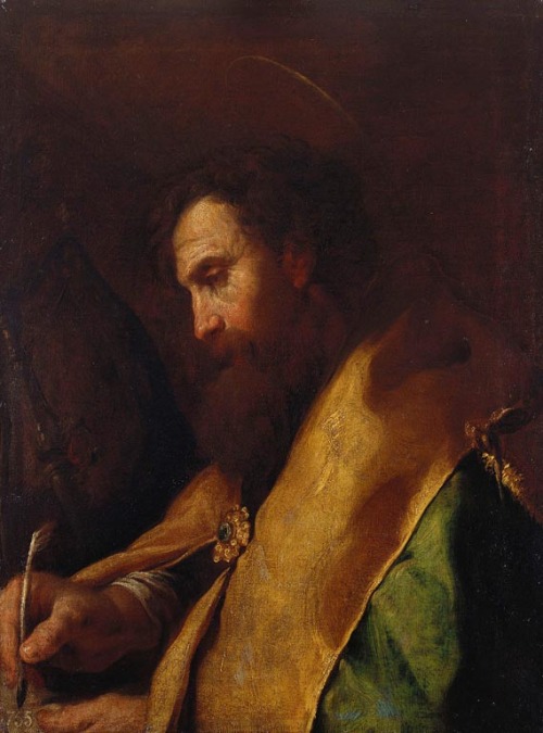 Domenico Fetti, A Bishop Saint writing, 1620-1622. Oil on canvas, 105.6 x 76.2 cm. Royal Collec