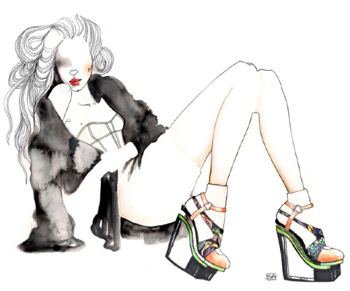 asylum-art-2:  Sara Ligari: Watercolor Illustrationsartist on tumblrFashion illustration is a specialized kind of art, different  than what I’m used to doing. Negative space plays a huge role in drawing  your eye around the drawing. The model needs