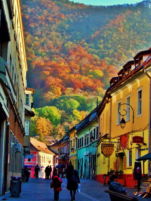 Colorful buildings in the historical centre of Braşov in Transylvania, Romania (by gabiavram).