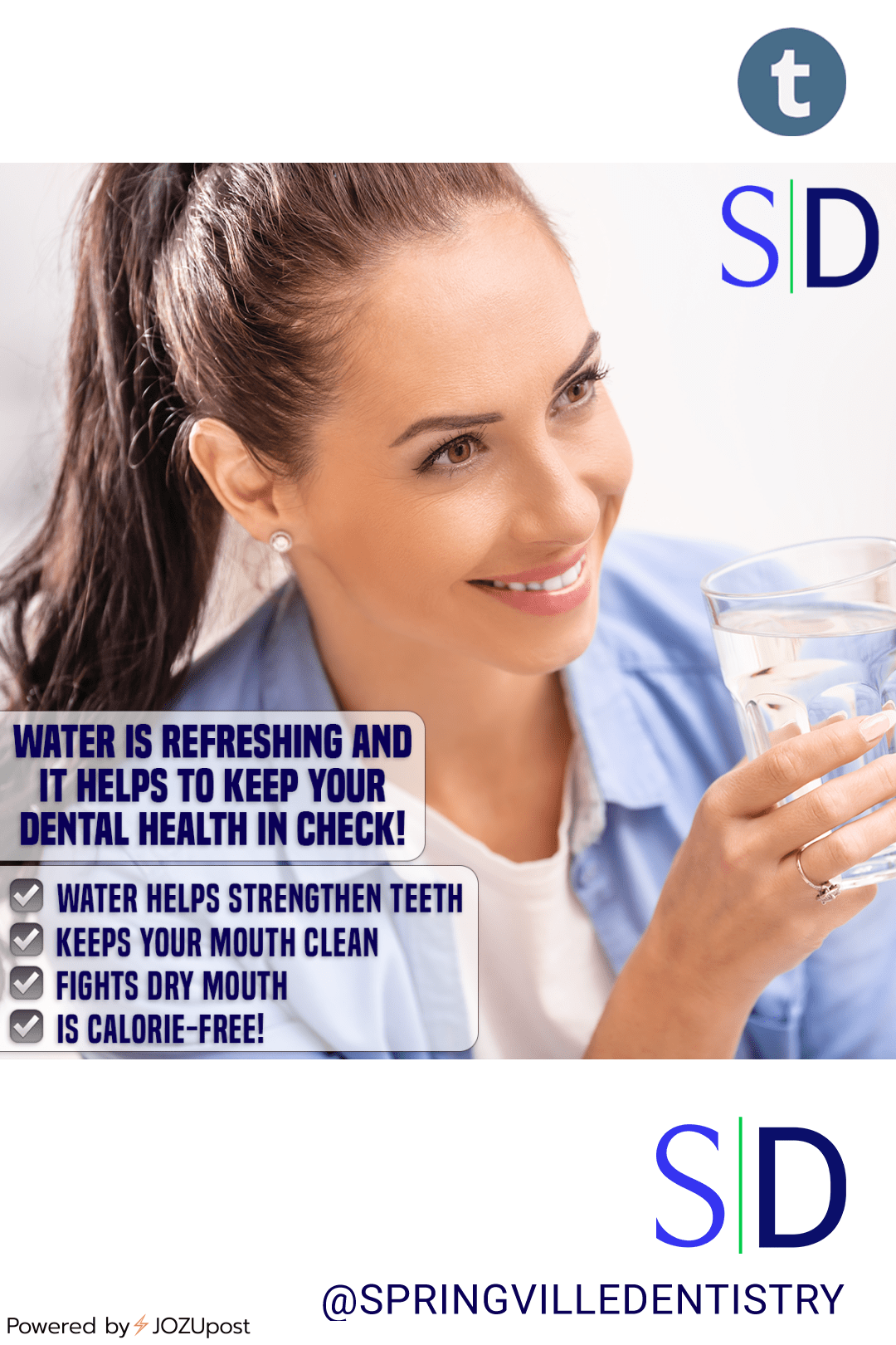 💦💧Water is refreshing and it helps to keep your dental health in check! 💦💧
☑ Water helps strengthen teeth
☑ Keeps your mouth clean
☑ Fights dry mouth
☑ Is calorie-free!
#drinkh2O #water