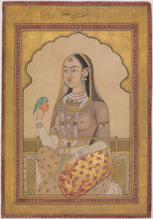  A Bejewelled Maiden with a Parakeetca. 1670–1700. Mughal Empire