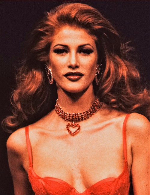 aloneandforsakenbyfateandbyman: Angie Everhart for Chantal Thomass RTW S/S 1992.