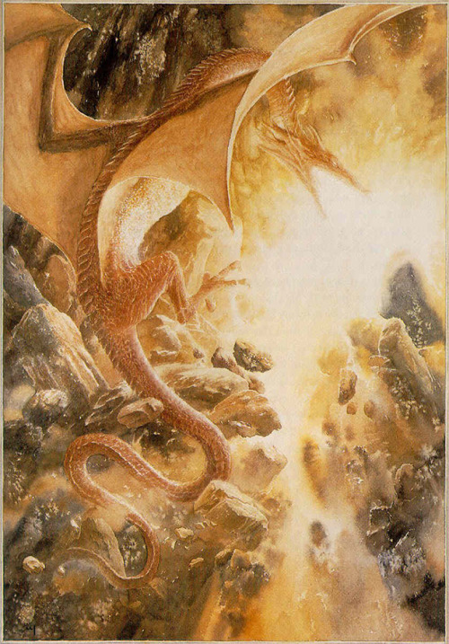 maire-annatari:Alan Lee’s paintings of Smaug, from an illustrated edition of The Hobbit.There he lay