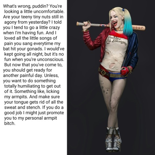 fem-domination01:Requested Margot Robbie (Harley Quinn) armpit and ballbusting“What’s wrong, puddin?