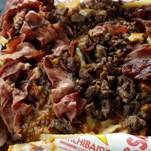 OMG, Archibald DUI fries, pastrami, bacon, chili w/steak and...