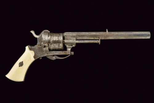 Engraved, ivory handled pinfire revolver, France or Belgium, mid 19th century.