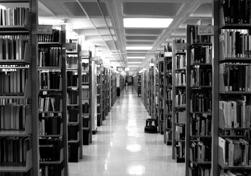 Shelves upon shelves of books in the Indiana University library. 