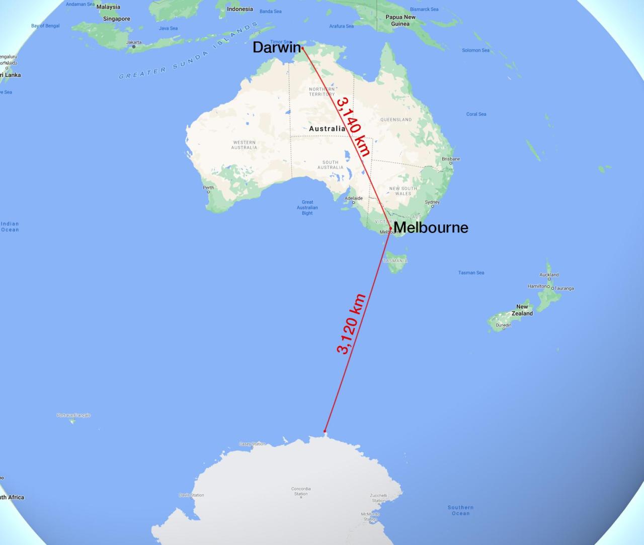 Melbourne is closer to Antarctica than it is to Darwin.
More distances maps >>