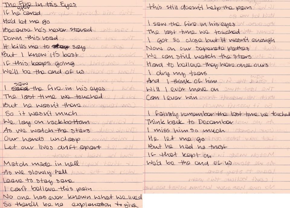 Amy Winehouse Vertisse Amy Winehouse Handwritten Lyrics For
