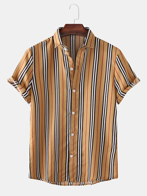 colorfultimetravelbeard: Cool Rainbow Striped Patch Pocket Casual Short Sleeve Shirts Check out HERE