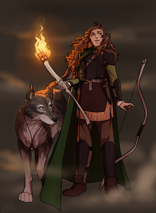 The Mercenary, Setti Ivarran and her wolfdog pup, Faolan.  Never really drawn a canine before, but h