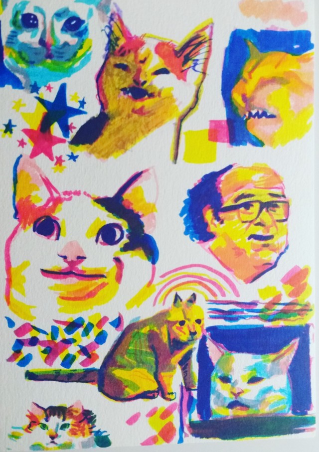 a page of marker sketches of meme famous cats and Danny DeVito, done in colorful layered shapes 