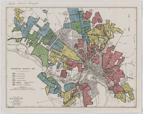 todaysdocument:Redlining map for Richmond, Virginia and Environs, 4/3/1937.This map shows mortgage l