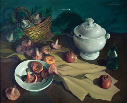 huariqueje:Still Life with Tureen, Pomegranates and Mushrooms  -  Ramón Calsina Catalan,1901-1992Oil