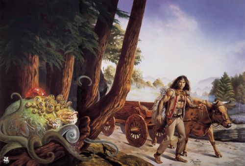 manyworldspress:Rowena Morrill, wraparound cover painting for Flight from Nevèrÿon, by Samuel R. Del