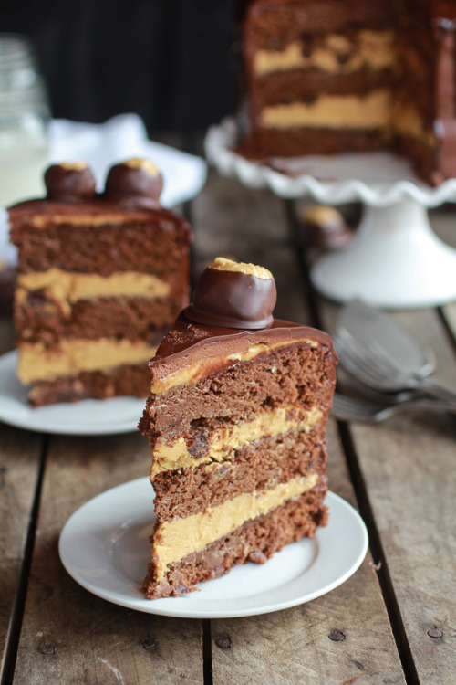 otfood:  Ultimate Triple Layer Chocolate Bourbon Peanut Butter Buckeye Cake 