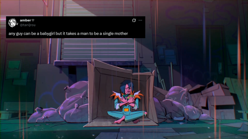 Image of Splinter in a flashback, half transformed and holding the small turtles close, with a twitter post edited overtop which reads "any guy can be a babygirl but it takes a man to be a single mother"