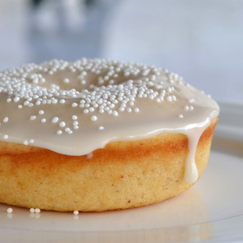 Homemade baked vanilla donuts with vanilla glaze. Who wants one?