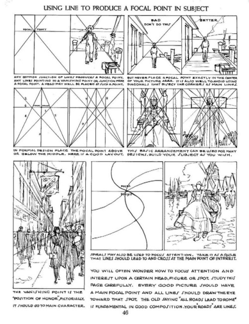talesfromweirdland: Some sample pages from Andrew Loomis’s series on how to draw comics, 1939-1961, concerning perspective and composition. (The changes in font and layout stem from the fact the pages come from different prints.) I tried to collect