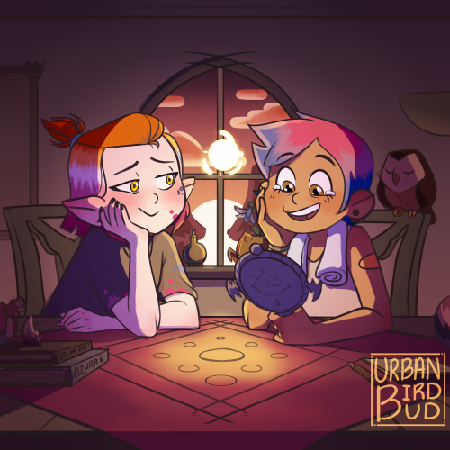 urbanbirdbud:[image description: a digital picture of luz and amity sitting at a table. amity is loo