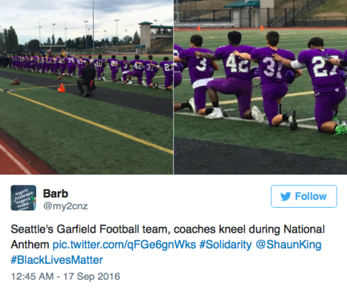 the-movemnt:  Entire Seattle football team kneels during national anthem. Seattle’s entire Garfield High School Bulldogs football team — including both players and coaching staff — kneeled during the national anthem during their season-opening game