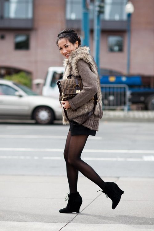 Layering on a Chilly Day :: Faux Fur Vest &amp; Sculpt Wedges wedges, tights, booties, asian fro