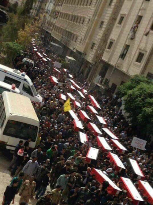 speciesbarocus:Funerals in Damascus held for the women and children from Kafarya and Al-Fu'ah killed