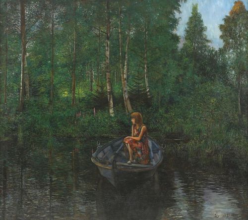 huariqueje:Girl in a rowboat   -  Sigmund Sinding,1920.Norwegian,  1875-1936Oil 