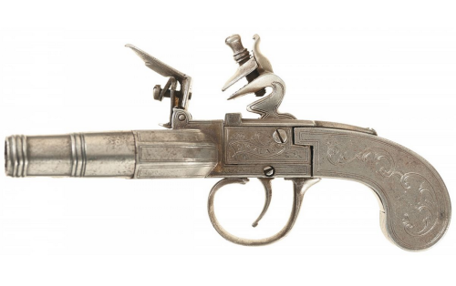 Engraved four barrel flintlock duckfoot pistol marked “Seglas”.  18th or early 19th cent