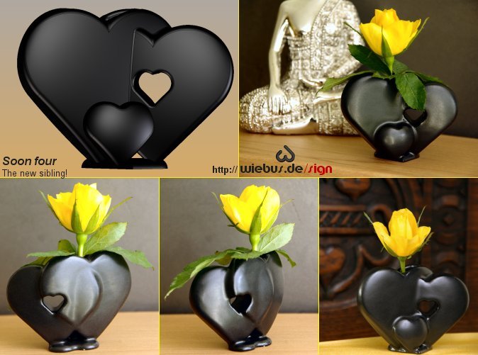 Finally the 3D prints arrived! :)
This is Soon four! – Variant 4 of my Heart Family collection of vases (CAD model on the upper left). The photographs show the “Soon four!” variant as an example of a real 3D print in ceramics, available on Shapeways...