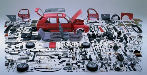 Hans Hansen, photography of a disassembled Golf CL, 6,843 parts, 1988. Commissioned by Volkswagen Co