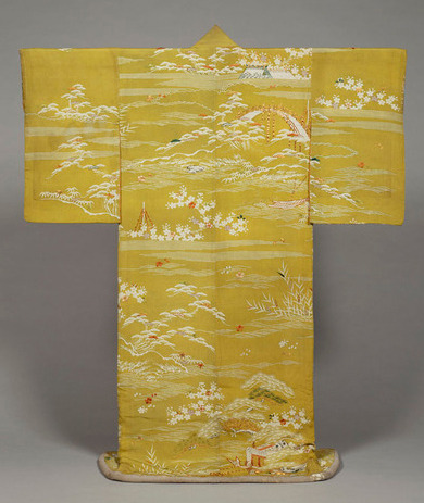 Kosode (Short-Sleeved Kimono) with Scenes of the Imperial Palace Garden on Yellowish-Green Crepe (Ch